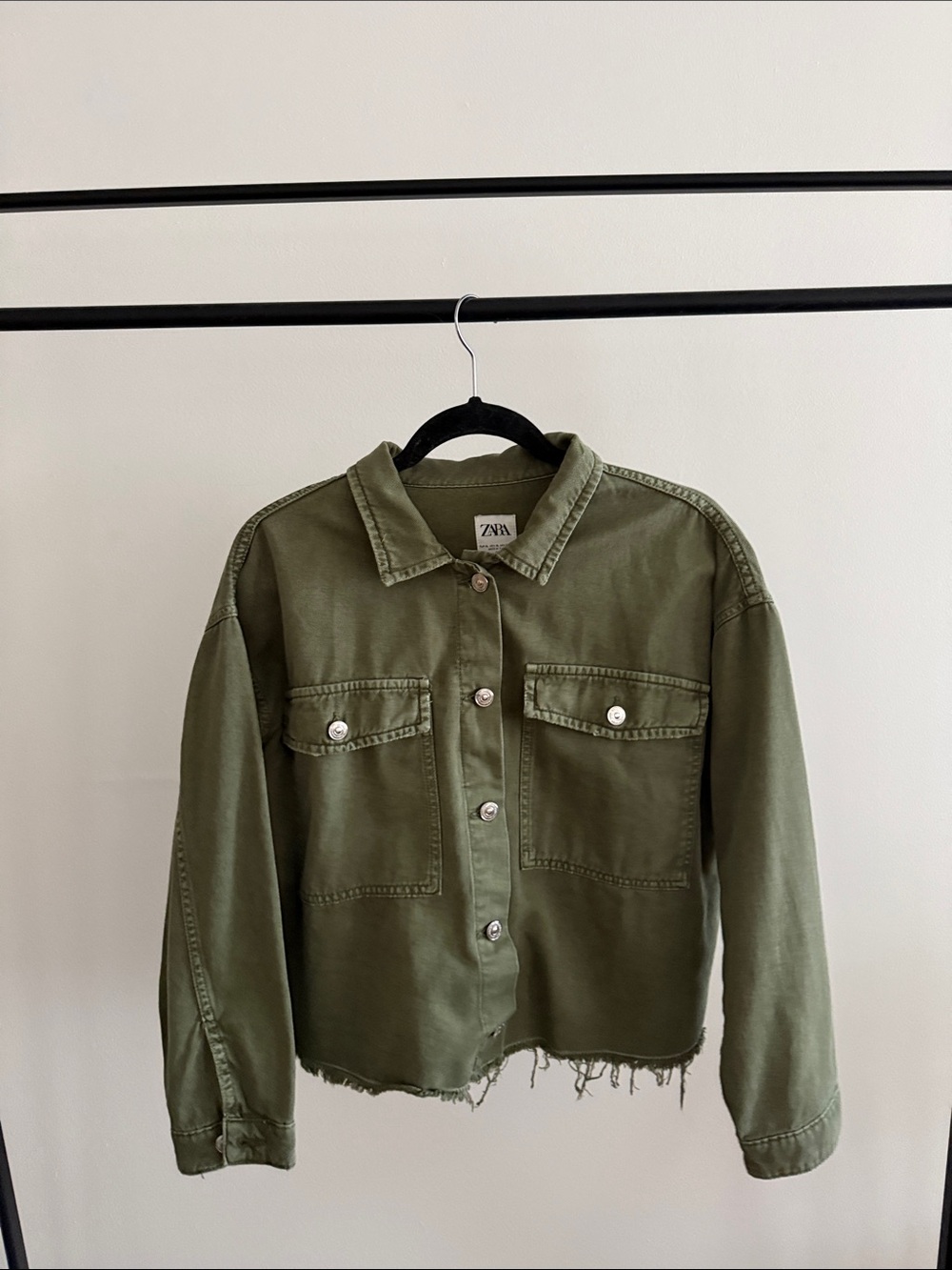 Zara Olive Green Utility Jacket with Frayed Hem